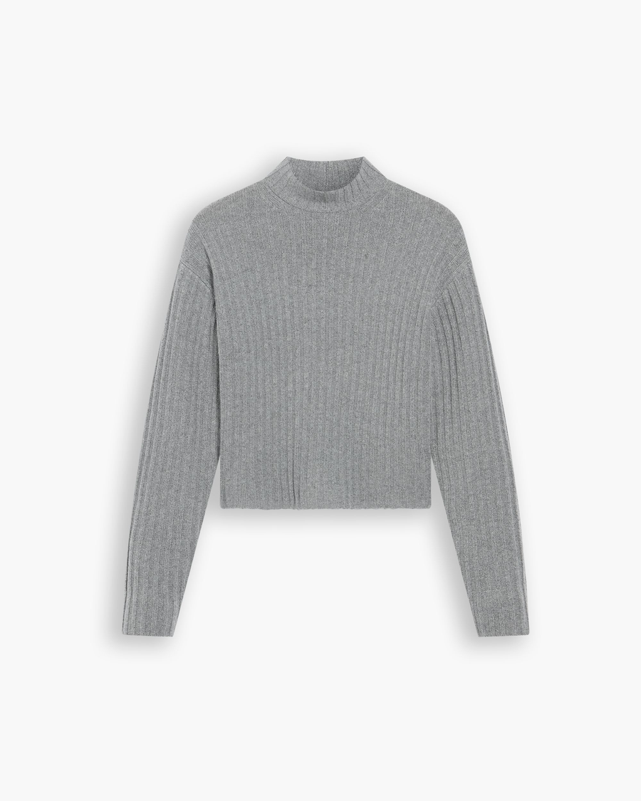 View of model wearing Heather Gray Mockneck Sweater, Relaxed Fit.