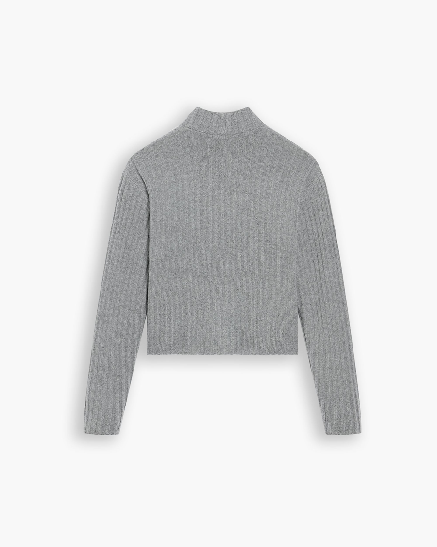 View of model wearing Heather Gray Mockneck Sweater, Relaxed Fit.