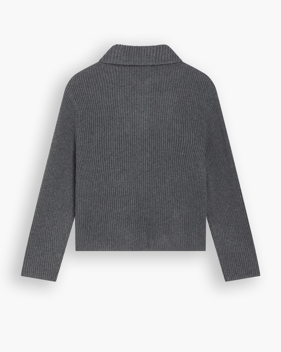 View of model wearing Heather Gray Sweater Jacket, Regular Fit.