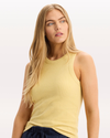 View of model wearing Italian Straw Rib Tank with Loft Knit, Slim Fit.