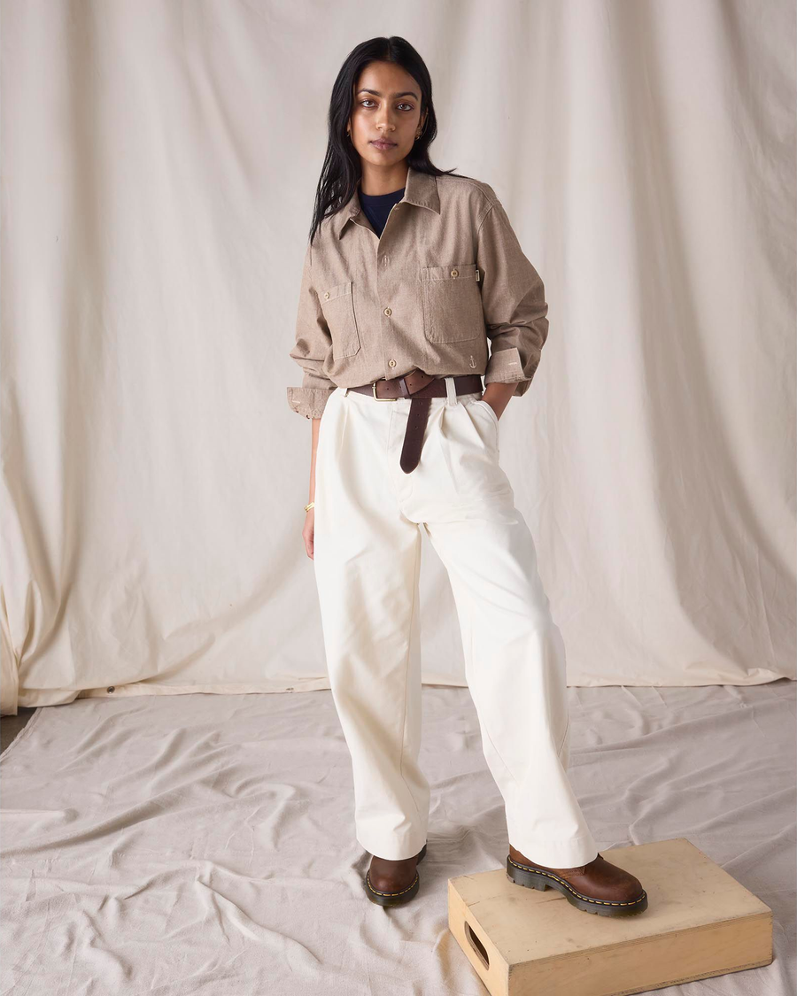 View of model wearing Khaki Chambray Dockers® x Transnomadica Dock Shirt.