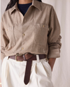 View of model wearing Khaki Chambray Dockers® x Transnomadica Dock Shirt.