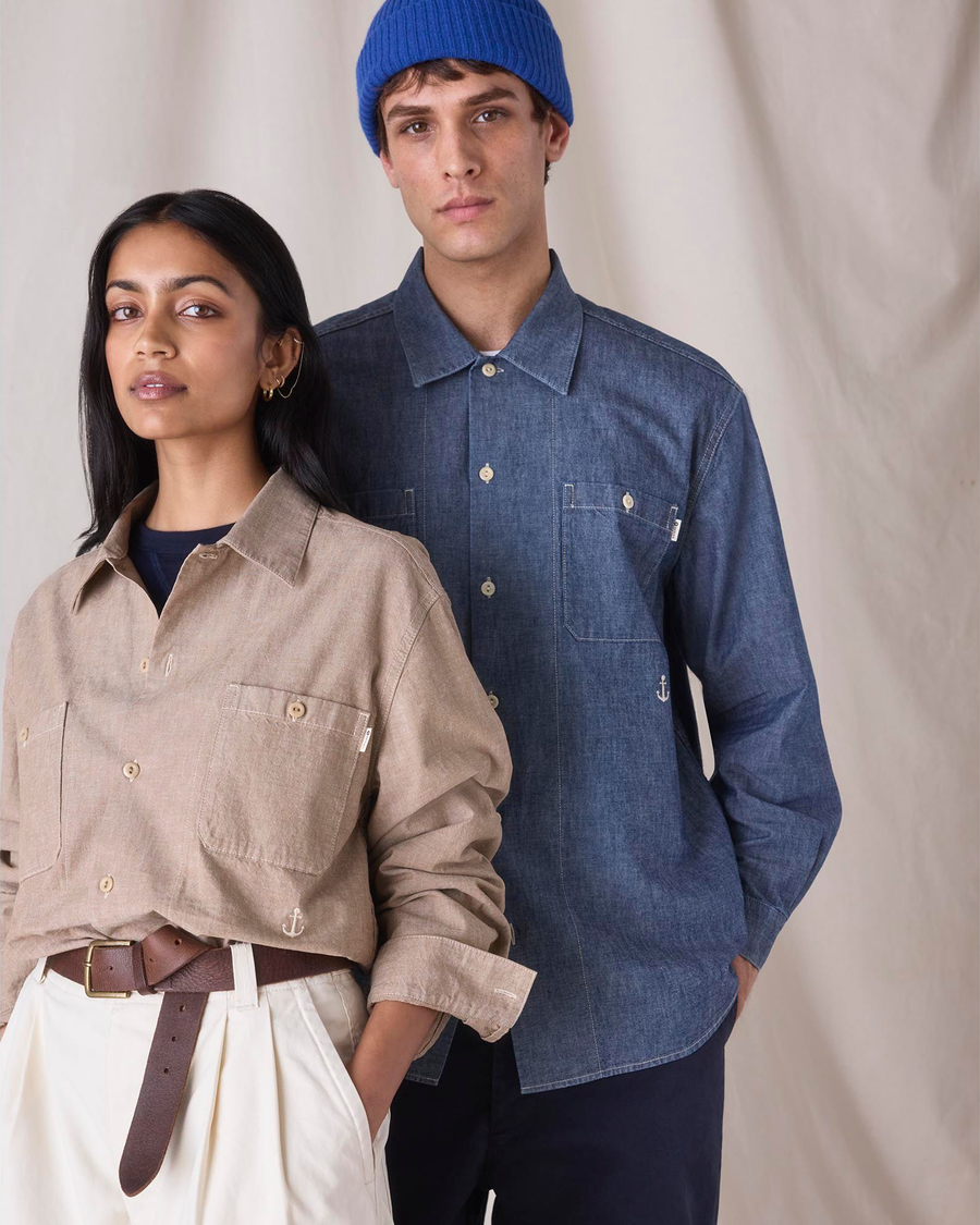 View of model wearing Khaki Chambray Dockers® x Transnomadica Dock Shirt.