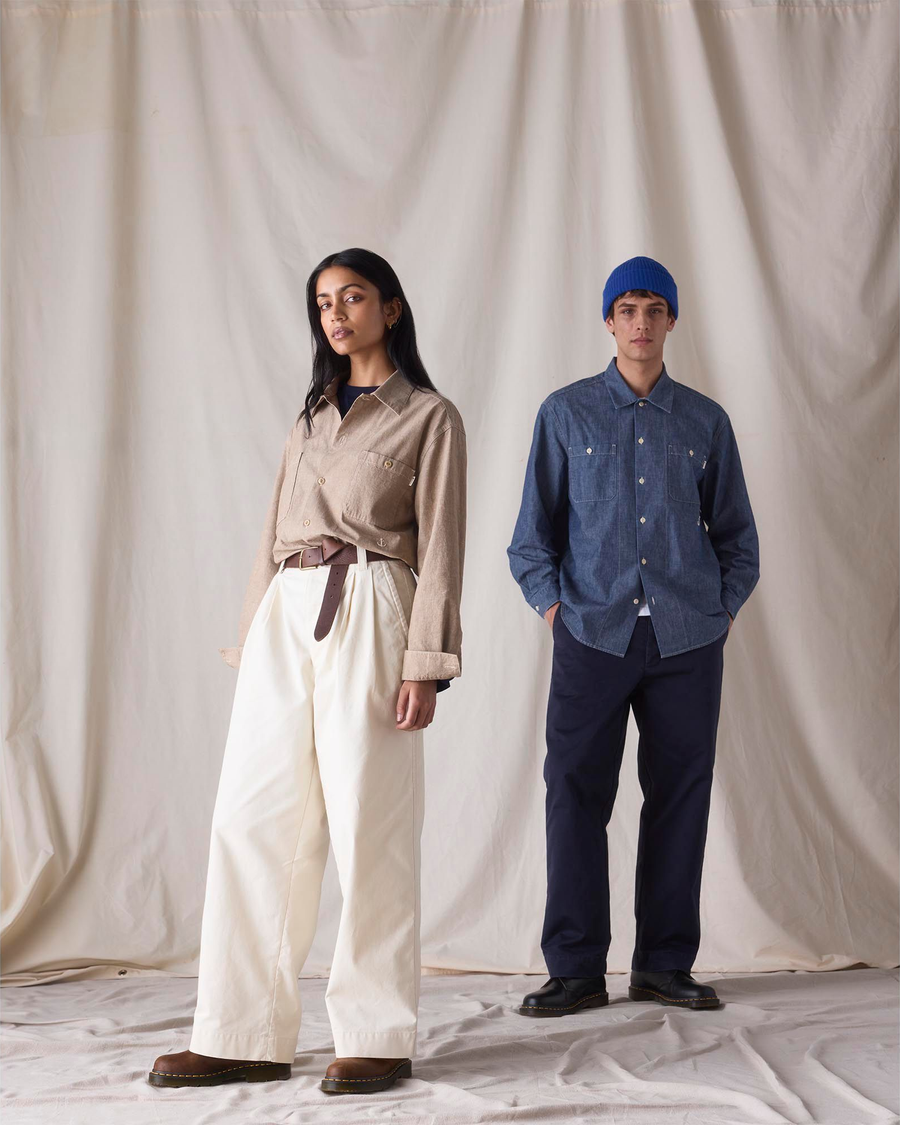 View of model wearing Khaki Chambray Dockers® x Transnomadica Dock Shirt.