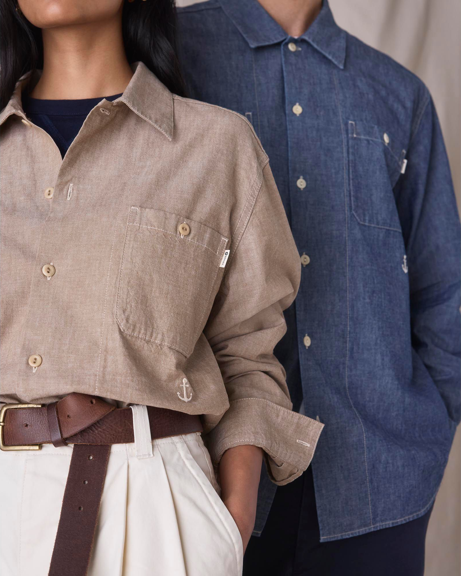 View of model wearing Khaki Chambray Dockers® x Transnomadica Dock Shirt.