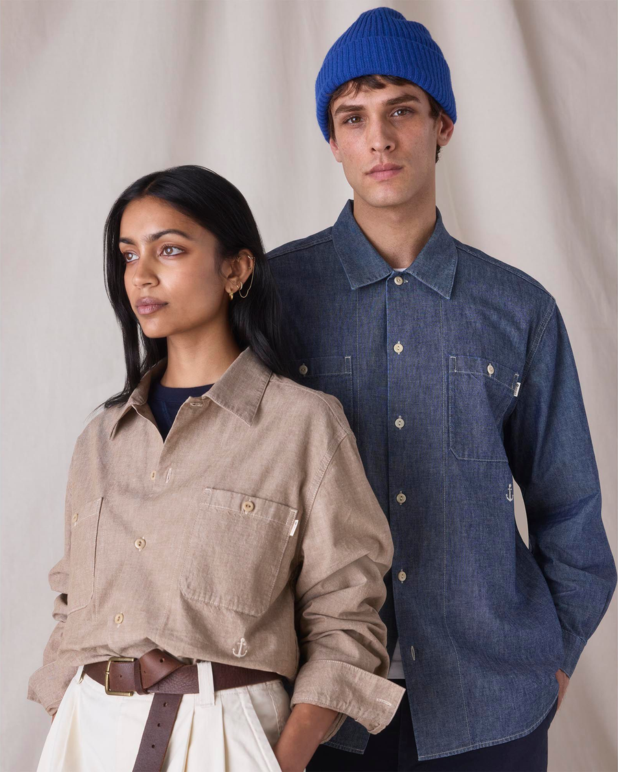 View of model wearing Khaki Chambray Dockers® x Transnomadica Dock Shirt.
