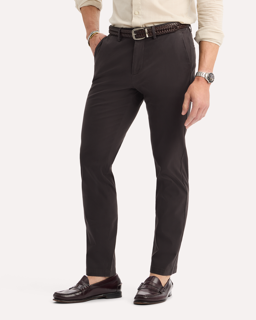 View of model wearing Licorice Crafted Khaki Pants, Slim Fit.