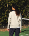 View of model wearing Light Heather Grey Racquet Club Collared Sweatshirt, Relaxed Fit.
