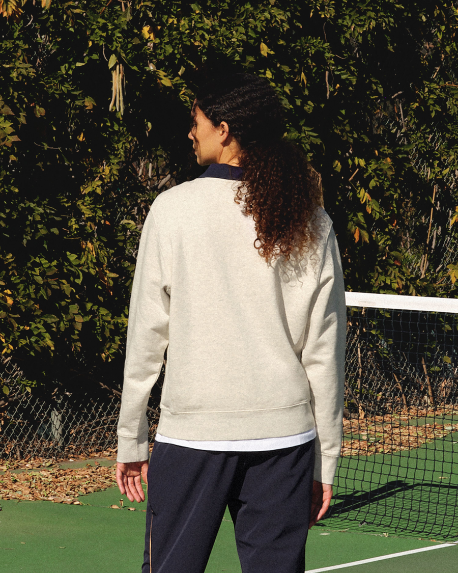 View of model wearing Light Heather Grey Racquet Club Collared Sweatshirt, Relaxed Fit.