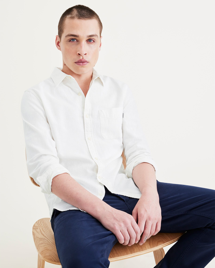 View of model wearing Light White Rigid Men's Slim Fit Icon Button Up Shirt.