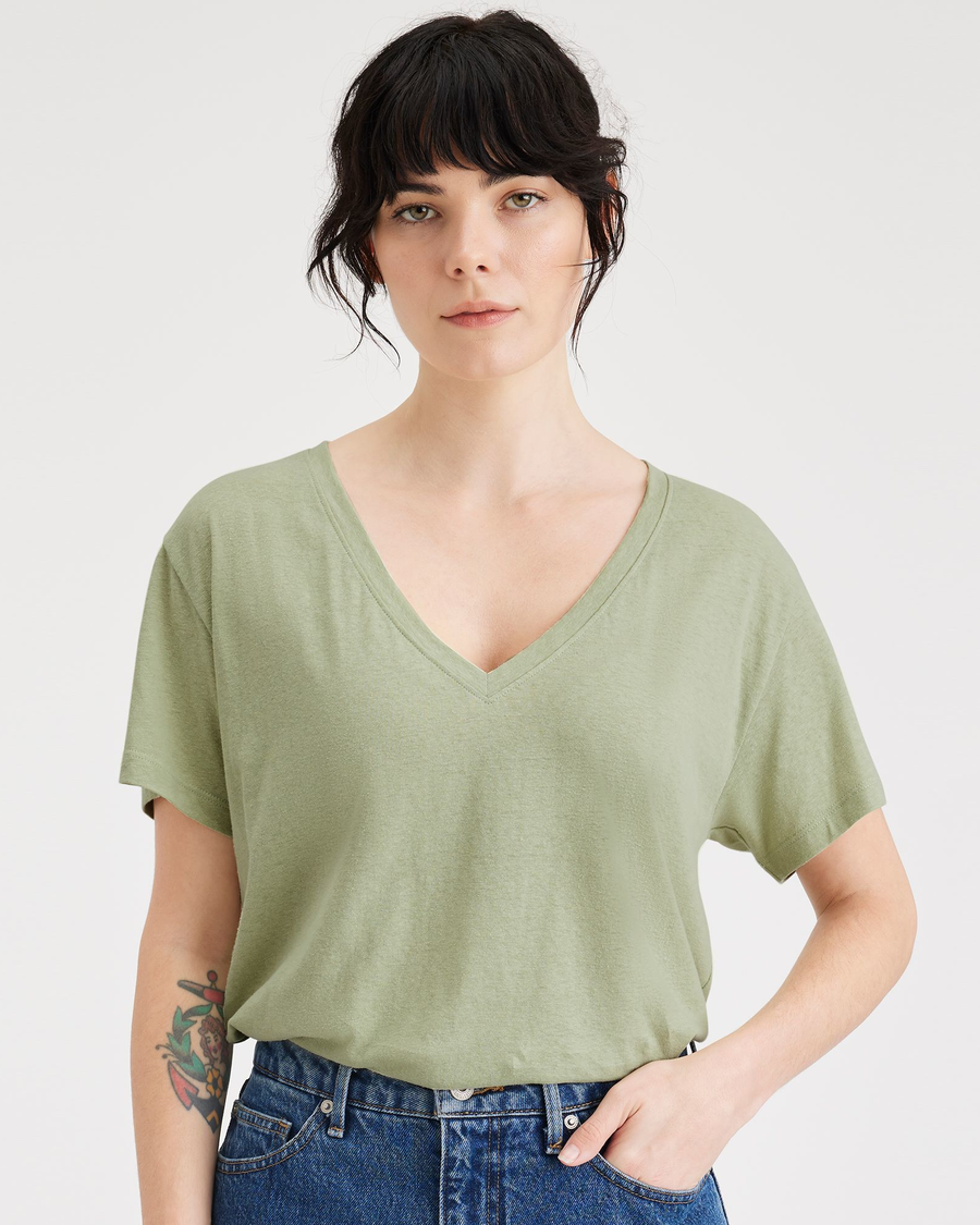 Front view of model wearing Lint Women's Deep V-Neck Tee Shirt.