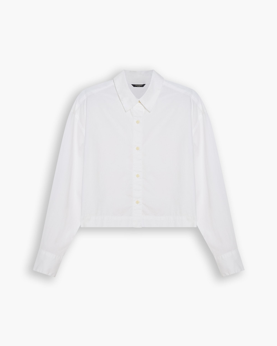 View of model wearing Lucent White Boxy Cropped Shirt, Relaxed Fit.