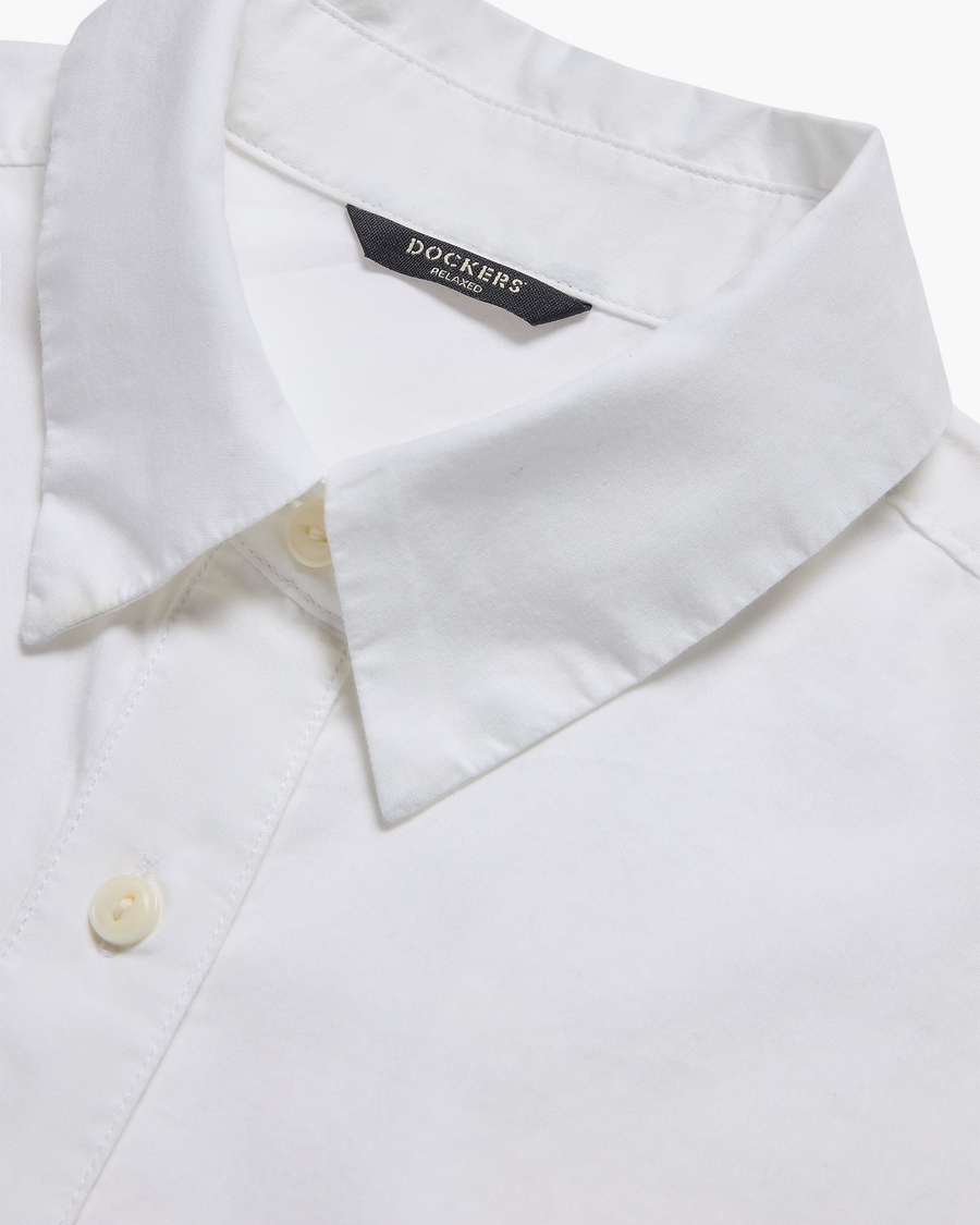 View of model wearing Lucent White Boxy Cropped Shirt, Relaxed Fit.