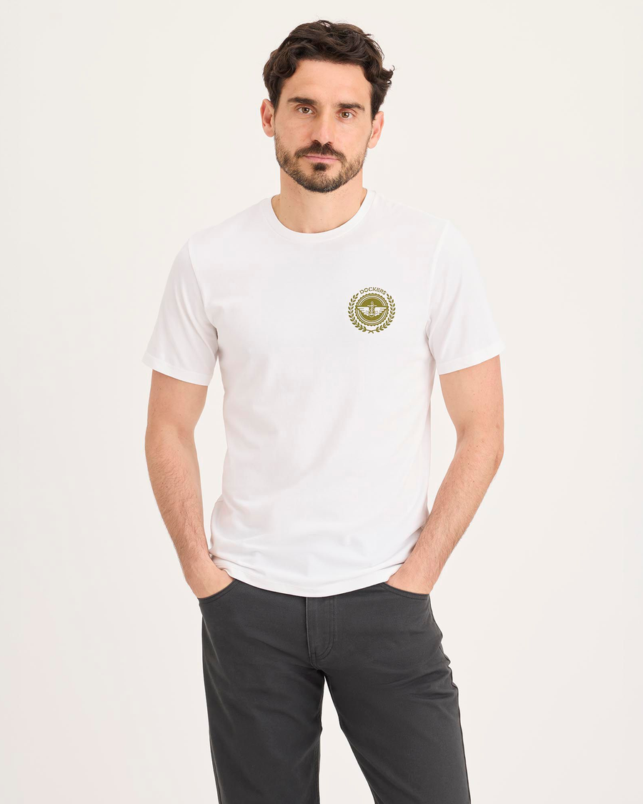 Front view of model wearing Lucent White Graphic Tee, Slim Fit.