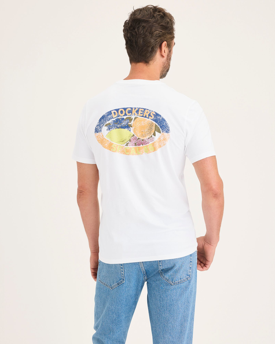 Back view of model wearing Lucent White Men's Slim Fit Logo Tee.