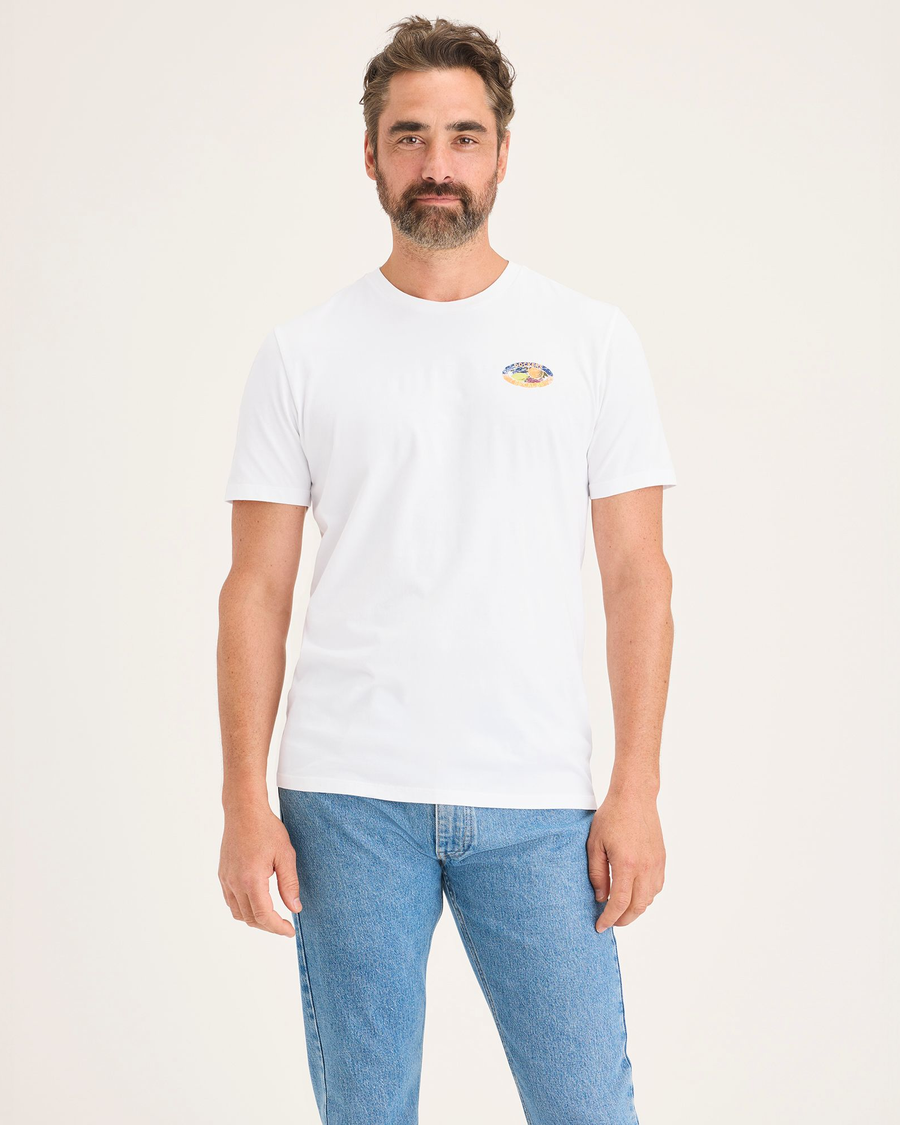 Front view of model wearing Lucent White Men's Slim Fit Logo Tee.
