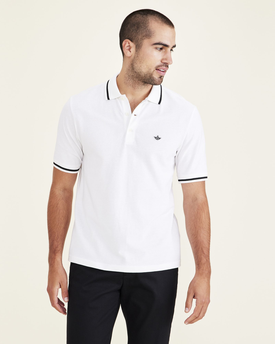 Front view of model wearing Lucent White Men's Slim Fit Original Polo.