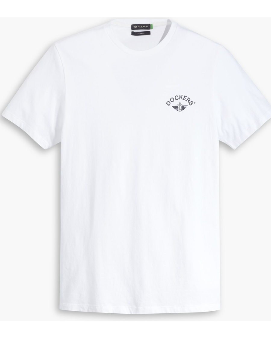 View of model wearing Lucent White (Navy Blazer) Logo Tee, Slim Fit.