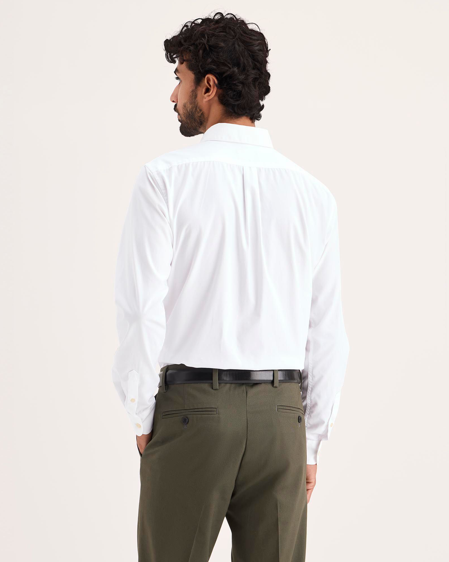Back view of model wearing Lucent White Signature Shirt Long Sleeve with Stain Defender®, Slim Fit.