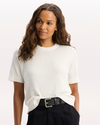 View of model wearing Lucent White Sweater Tee, Regular Fit.