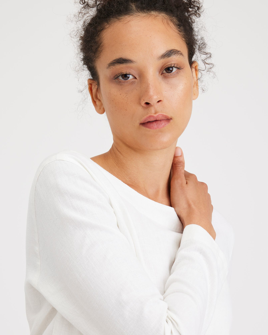 View of model wearing Lucent White Women's Button Back Blouse.