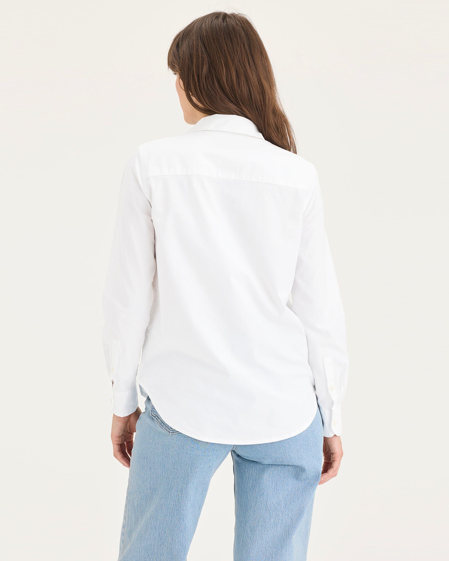 Back view of model wearing Lucent White Women's Regular Fit Original Shirt.