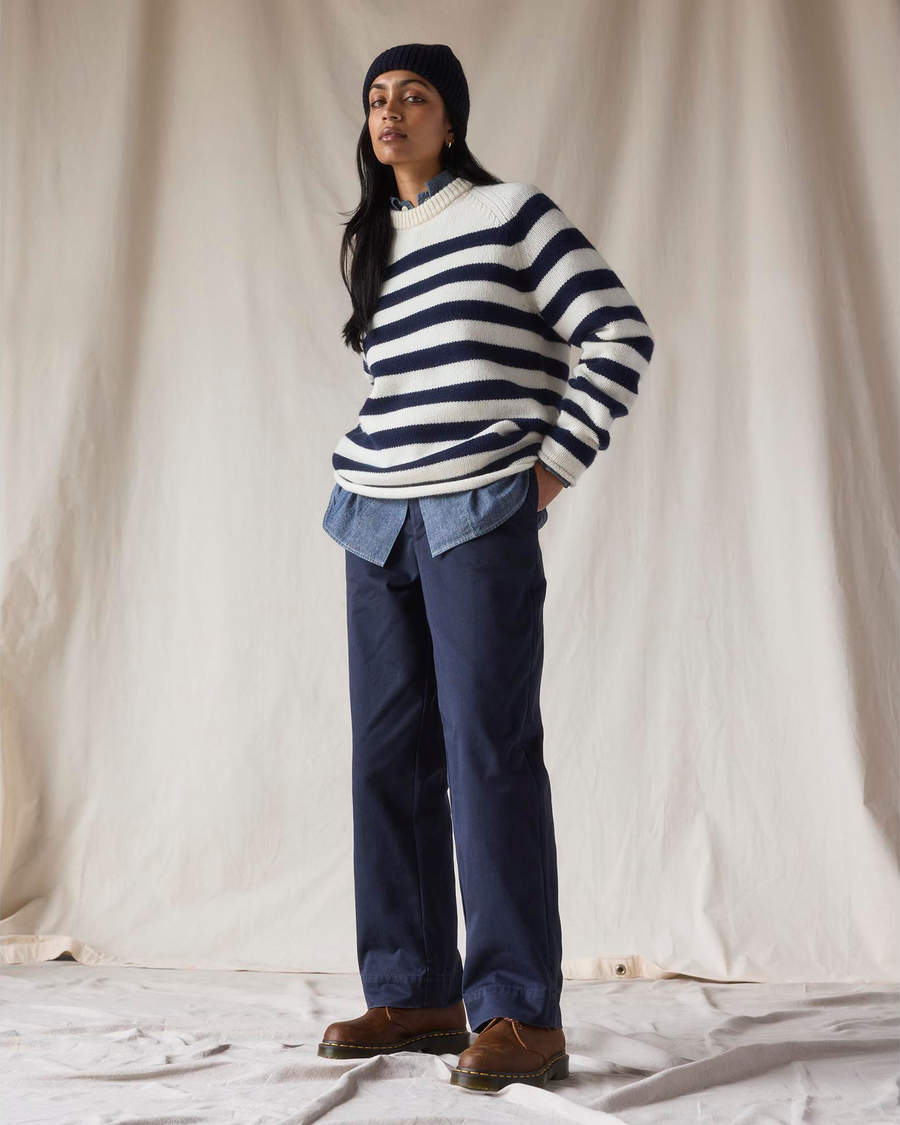 View of model wearing Mariner Navy Dockers® x Transnomadica Mariner Sweater.