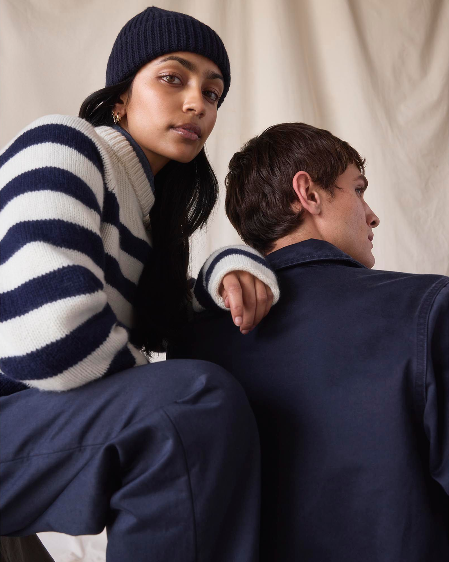 View of model wearing Mariner Navy Dockers® x Transnomadica Mariner Sweater.