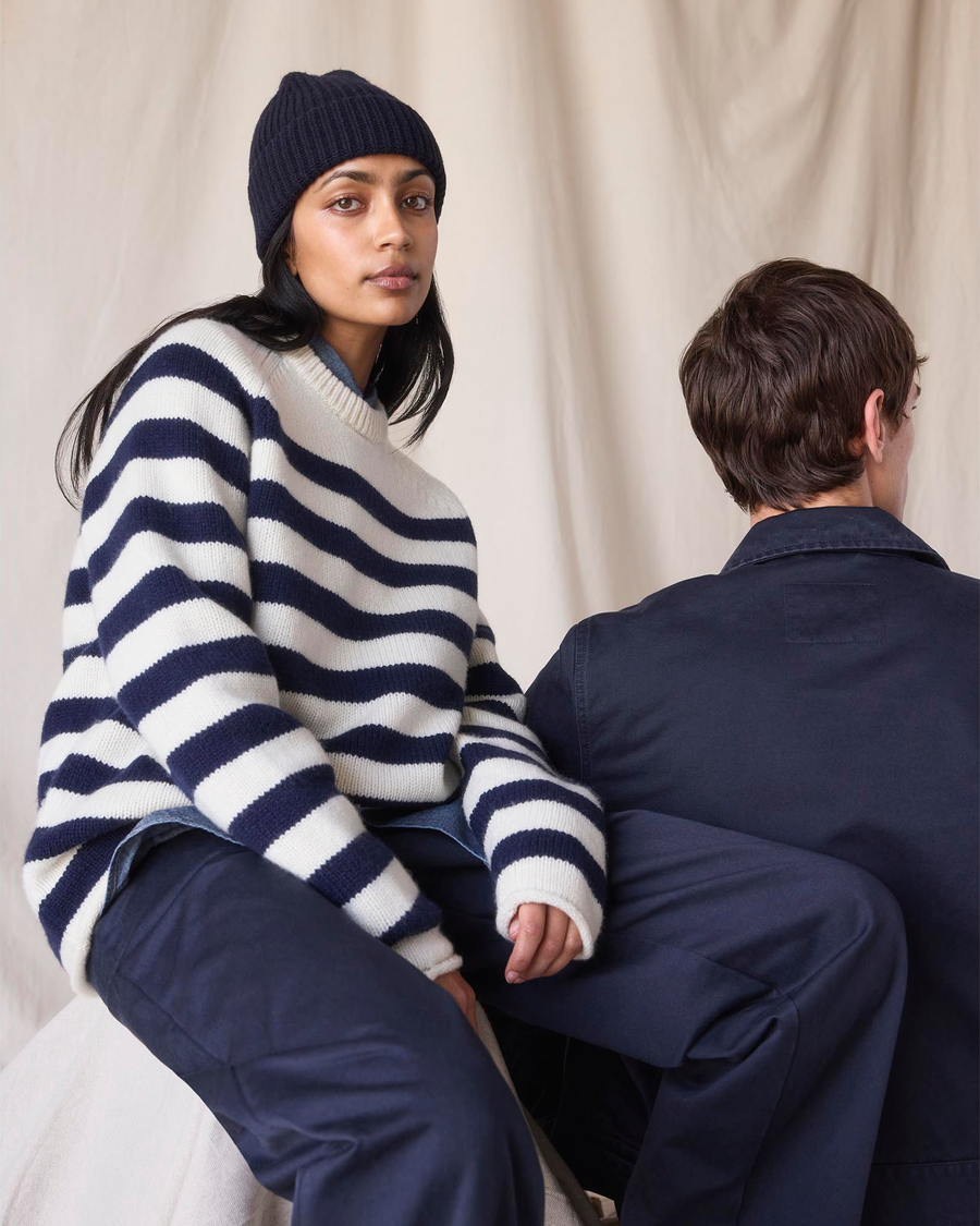 View of model wearing Mariner Navy Dockers® x Transnomadica Mariner Sweater.