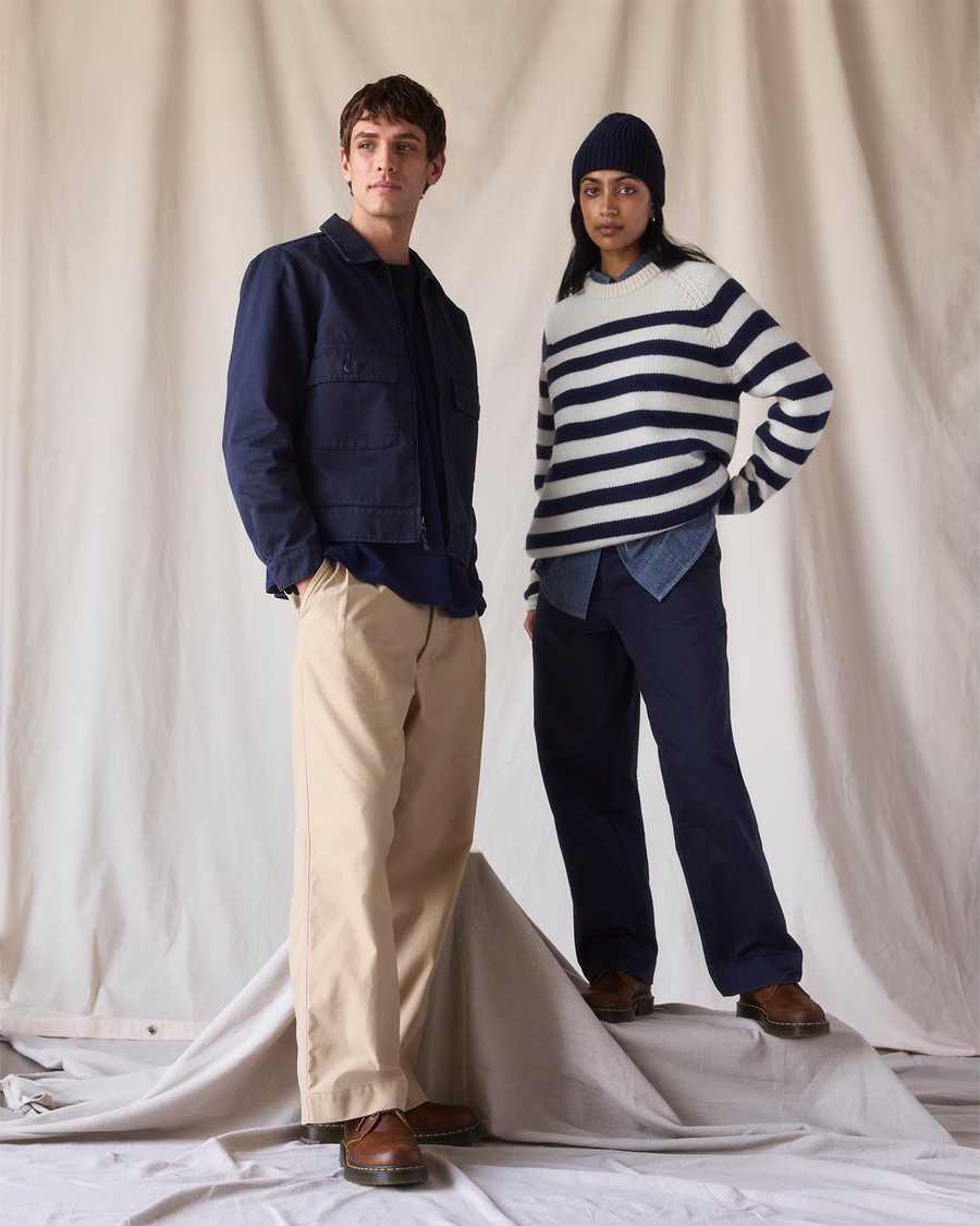 View of model wearing Mariner Navy Dockers® x Transnomadica Mariner Sweater.