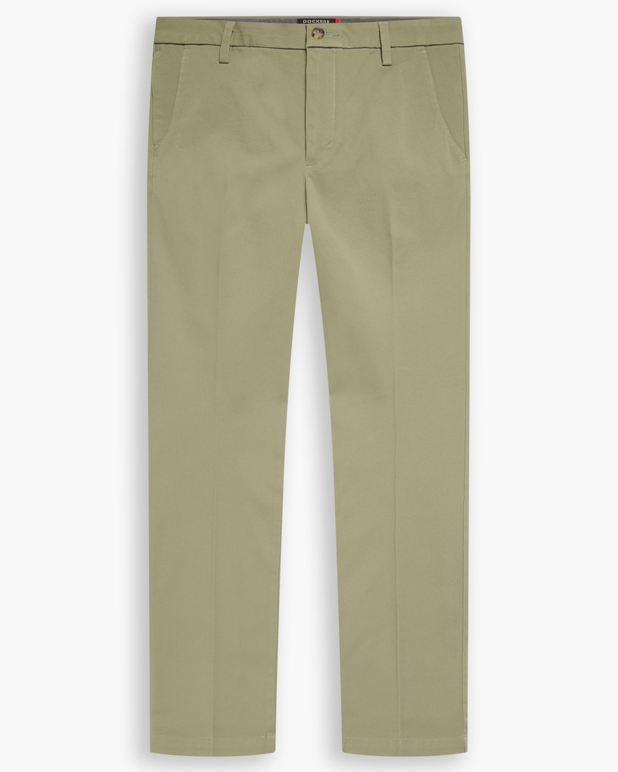 View of model wearing Mermaid Workday Khaki Pants, Slim Fit.