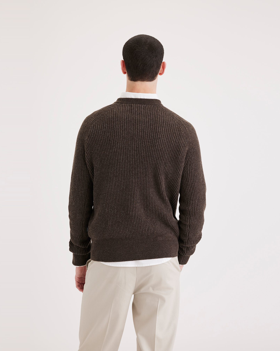 Back view of model wearing Molasses Men's Regular Fit Crewneck Sweater.