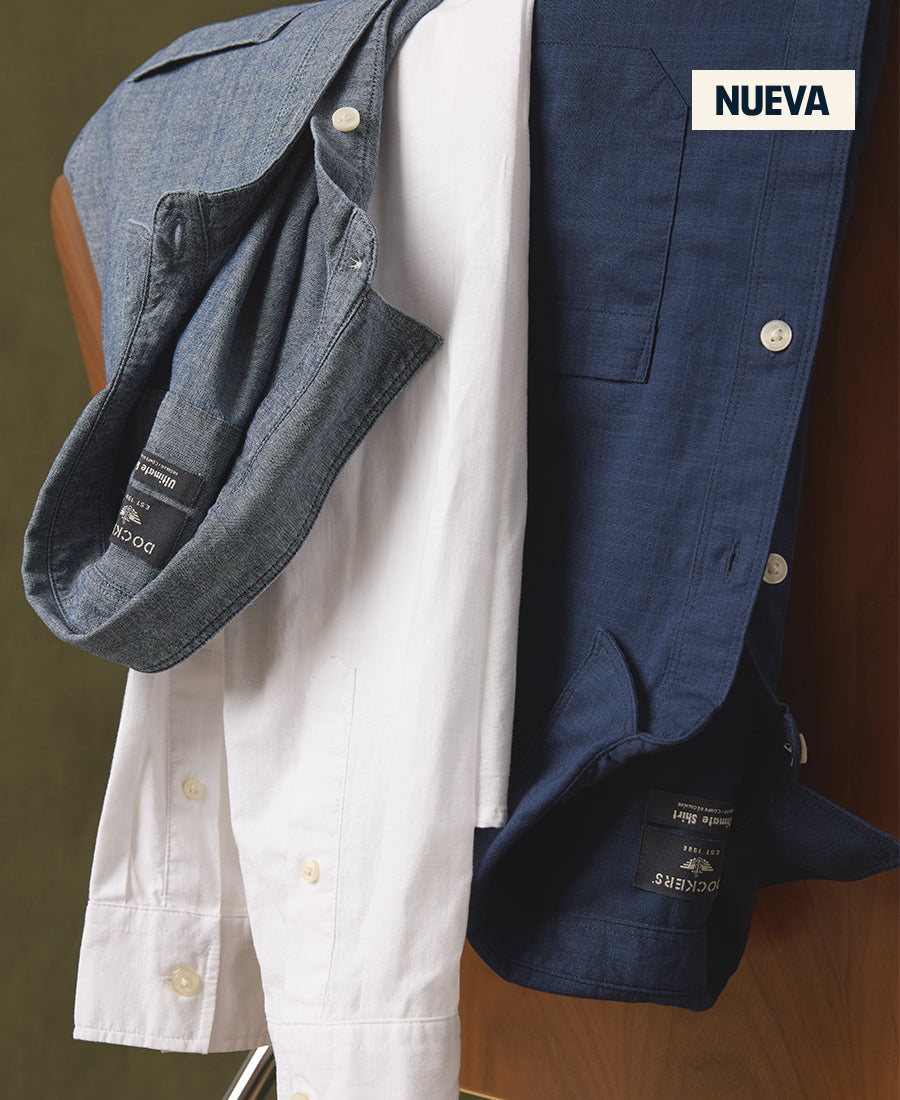 Dockers® men’s shirts laid out on a wooden chair with ‘NEW’ label