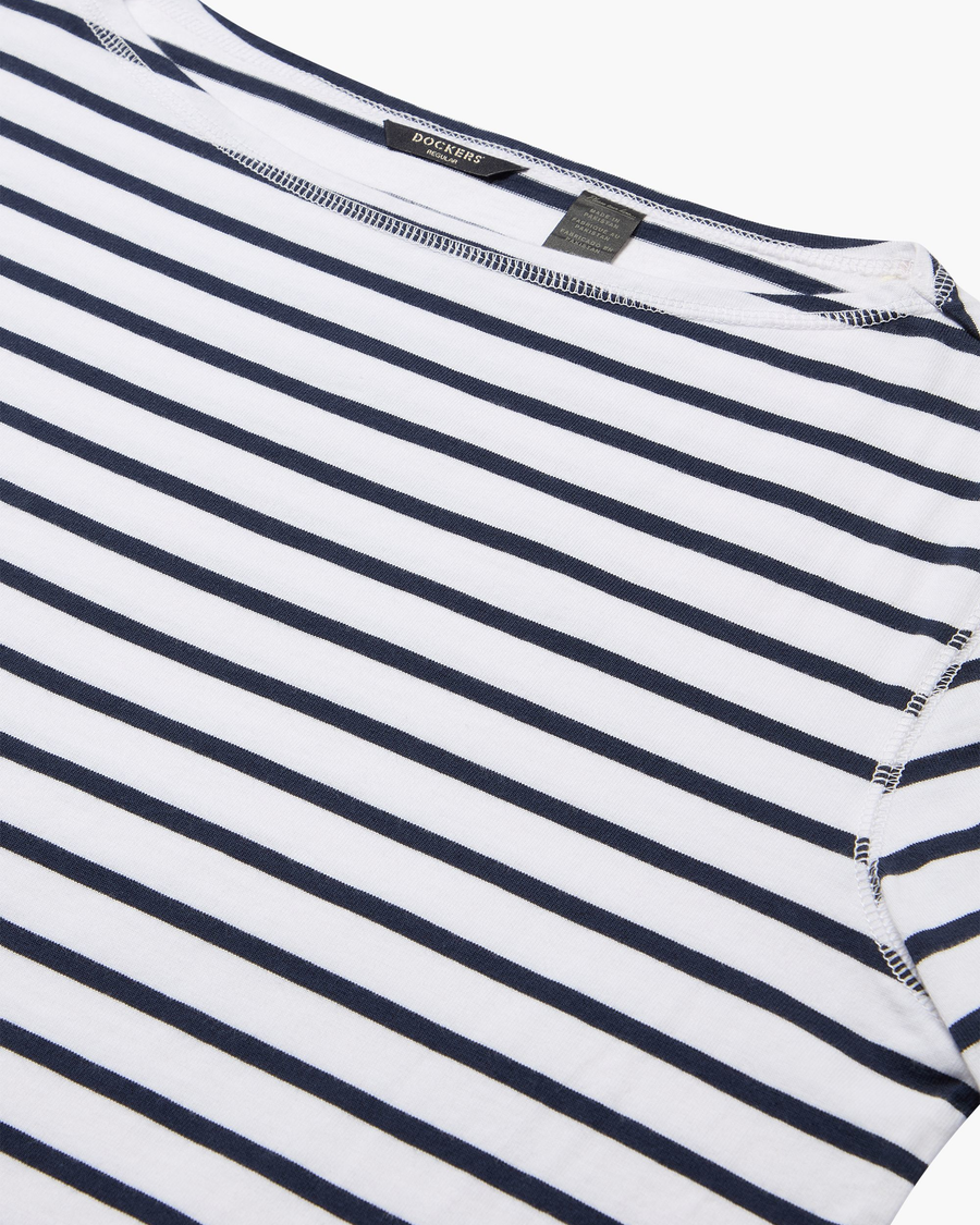 View of model wearing Navy Blazer Boatneck Tee, Regular Fit.