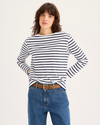 Front view of model wearing Navy Blazer Boatneck Tee, Regular Fit.