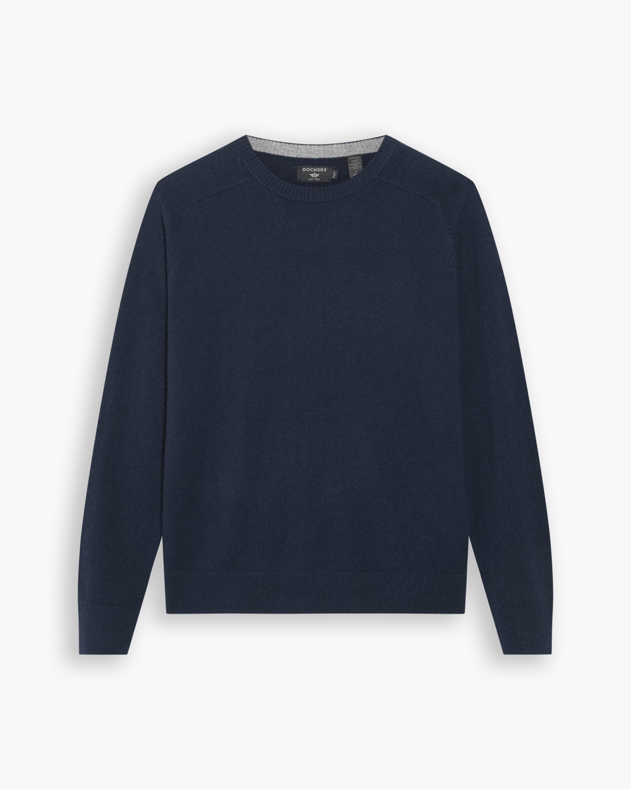 View of model wearing Navy Blazer Crafted Cashmere Sweater, Regular Fit.