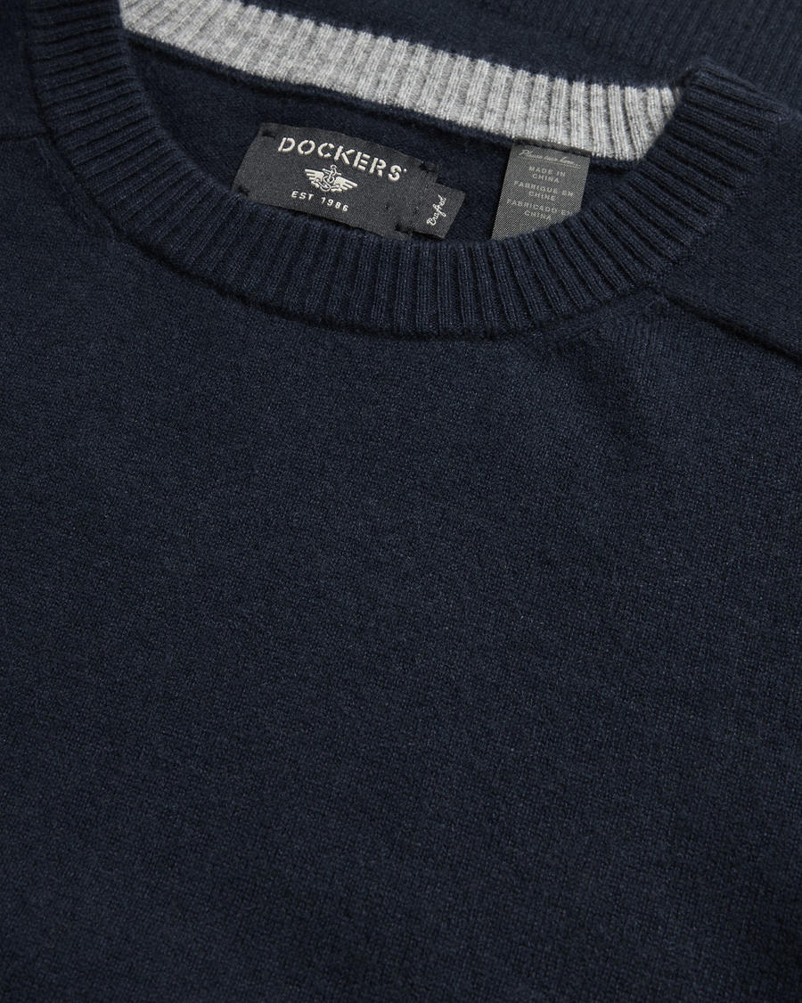 View of model wearing Navy Blazer Crafted Cashmere Sweater, Regular Fit.