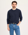 Front view of model wearing Navy Blazer Crafted Cashmere Sweater, Regular Fit.