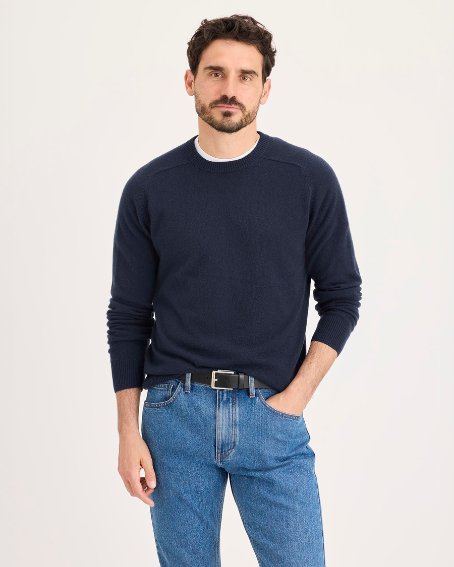 Front view of model wearing Navy Blazer Crafted Cashmere Sweater, Regular Fit.