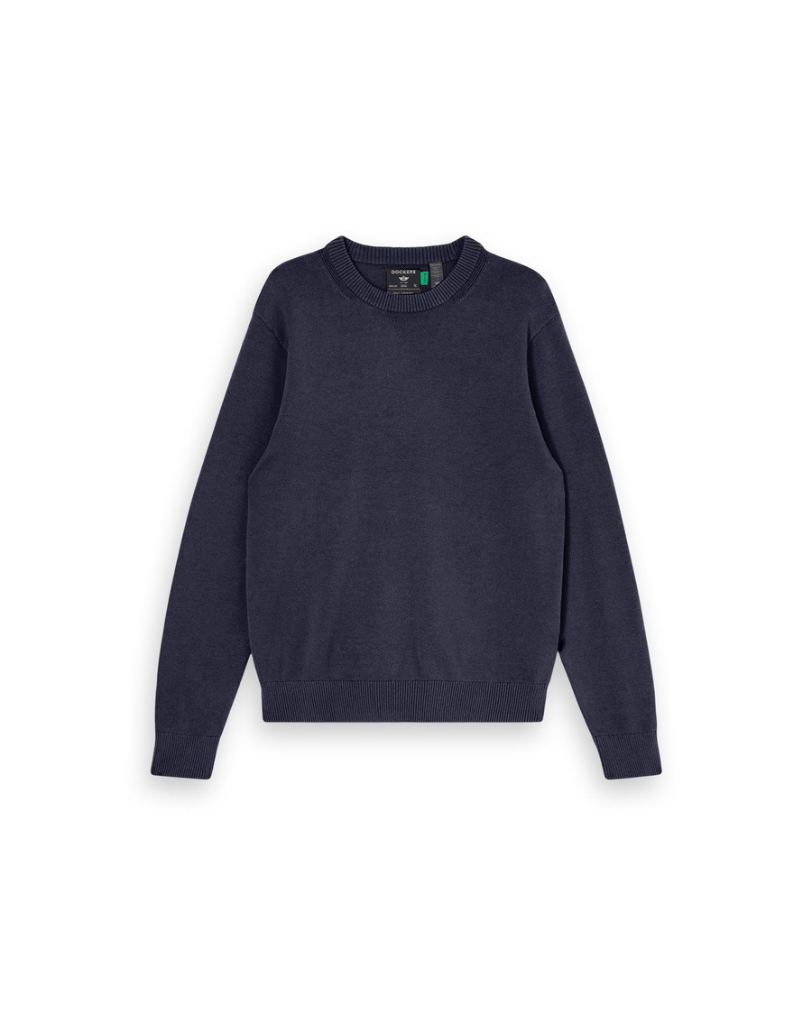Front view of model wearing Navy Blazer Crewneck Sweater,  Regular Fit.