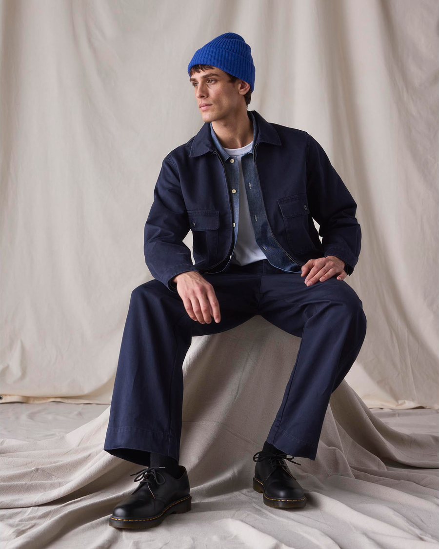 View of model wearing Navy Blazer Dockers® x Transnomadica Officer Chino.