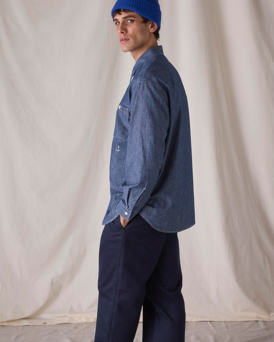View of model wearing Navy Blazer Dockers® x Transnomadica Officer Chino.