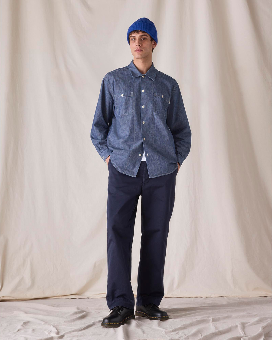 Front view of model wearing Navy Blazer Dockers® x Transnomadica Officer Chino.