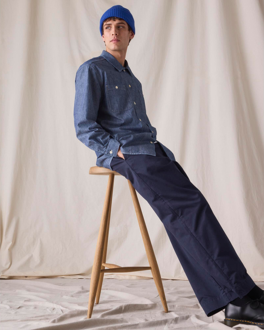 Side view of model wearing Navy Blazer Dockers® x Transnomadica Officer Chino.