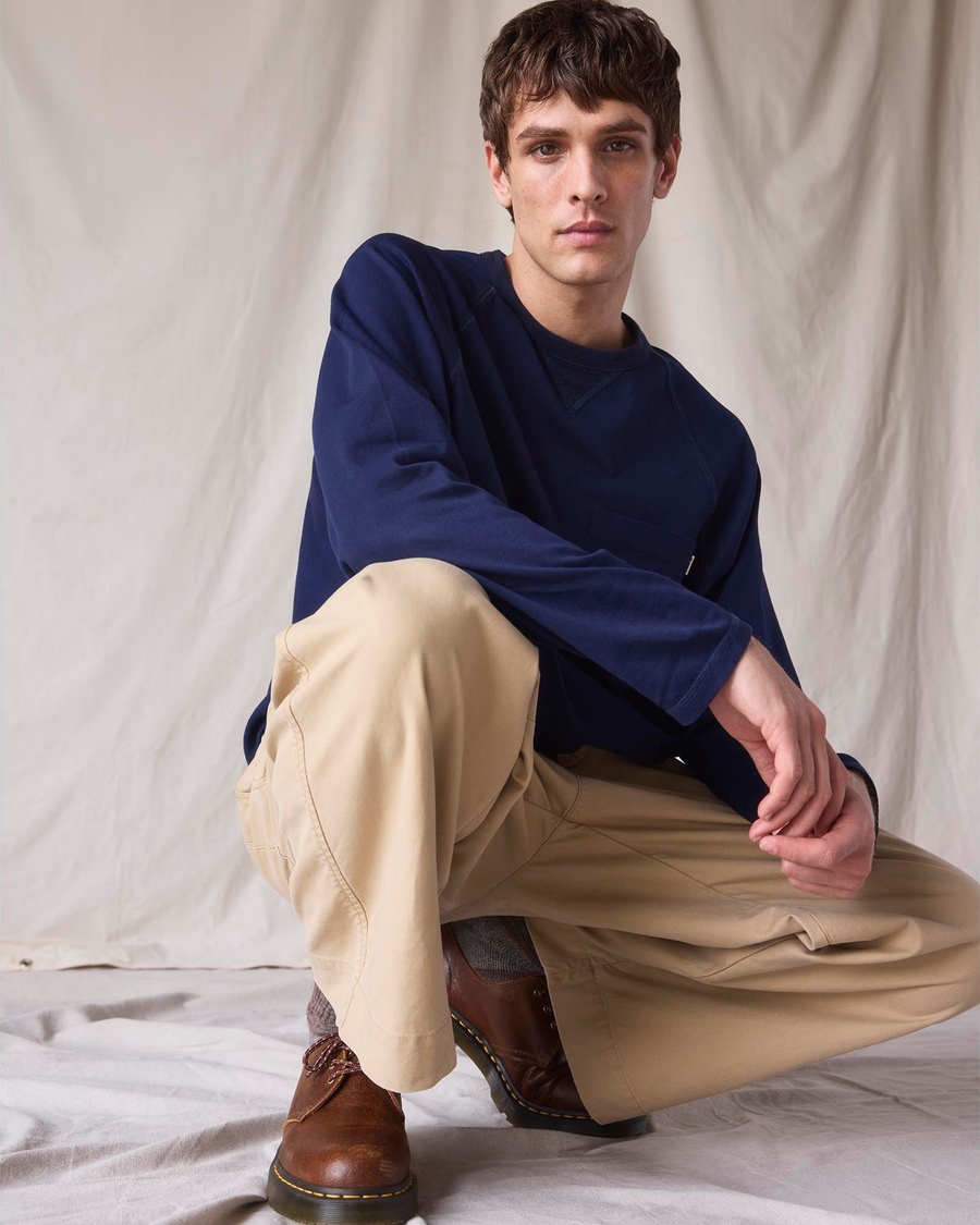 View of model wearing Navy Blazer Dockers® x Transnomadica Pique Popover.