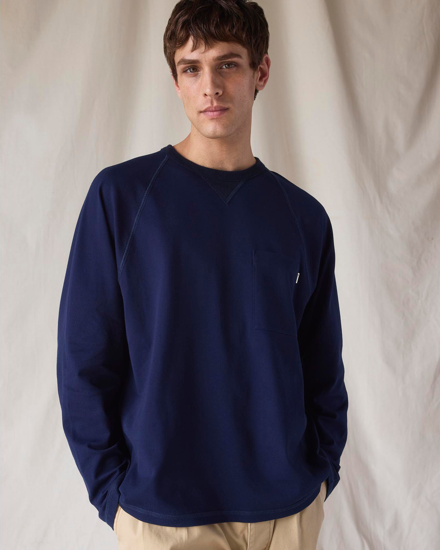 Front view of model wearing Navy Blazer Dockers® x Transnomadica Pique Popover.