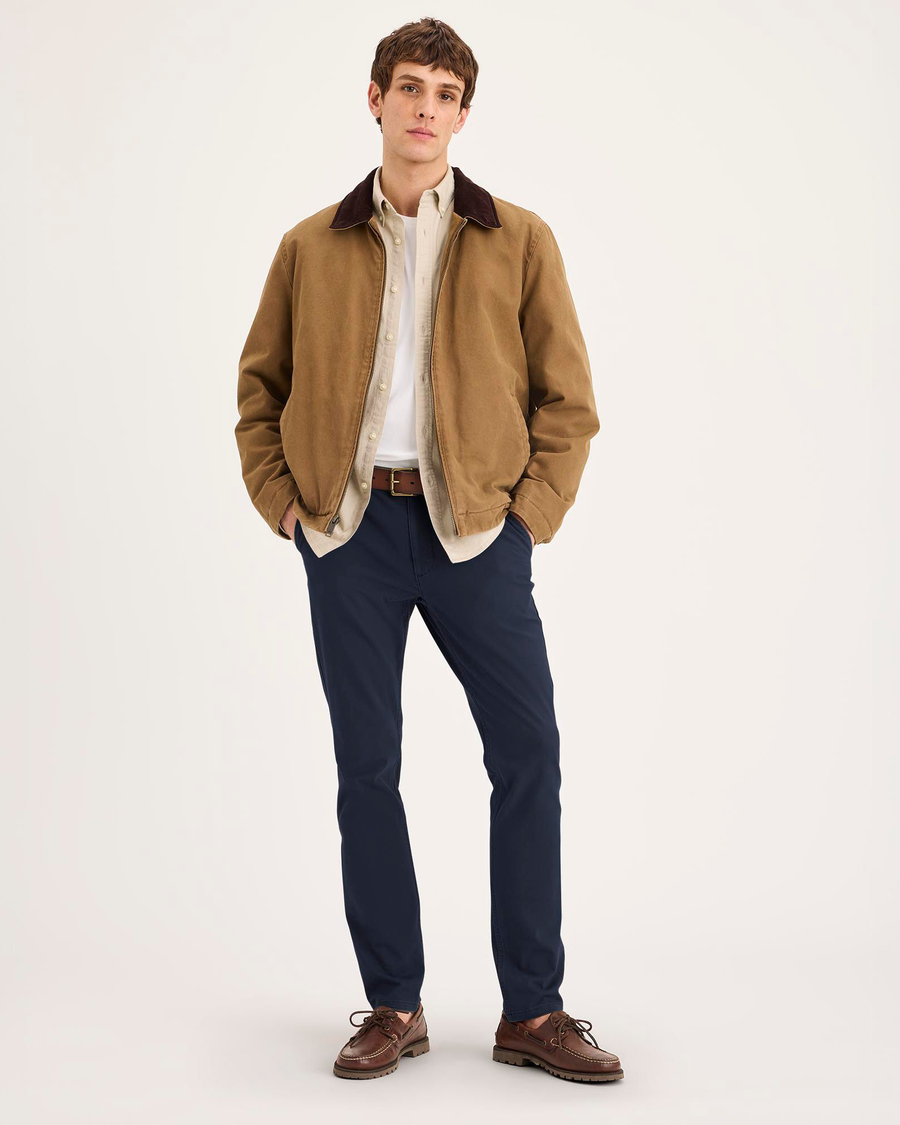 Front view of model wearing Navy Blazer Essential Chino Pants, Skinny Fit.