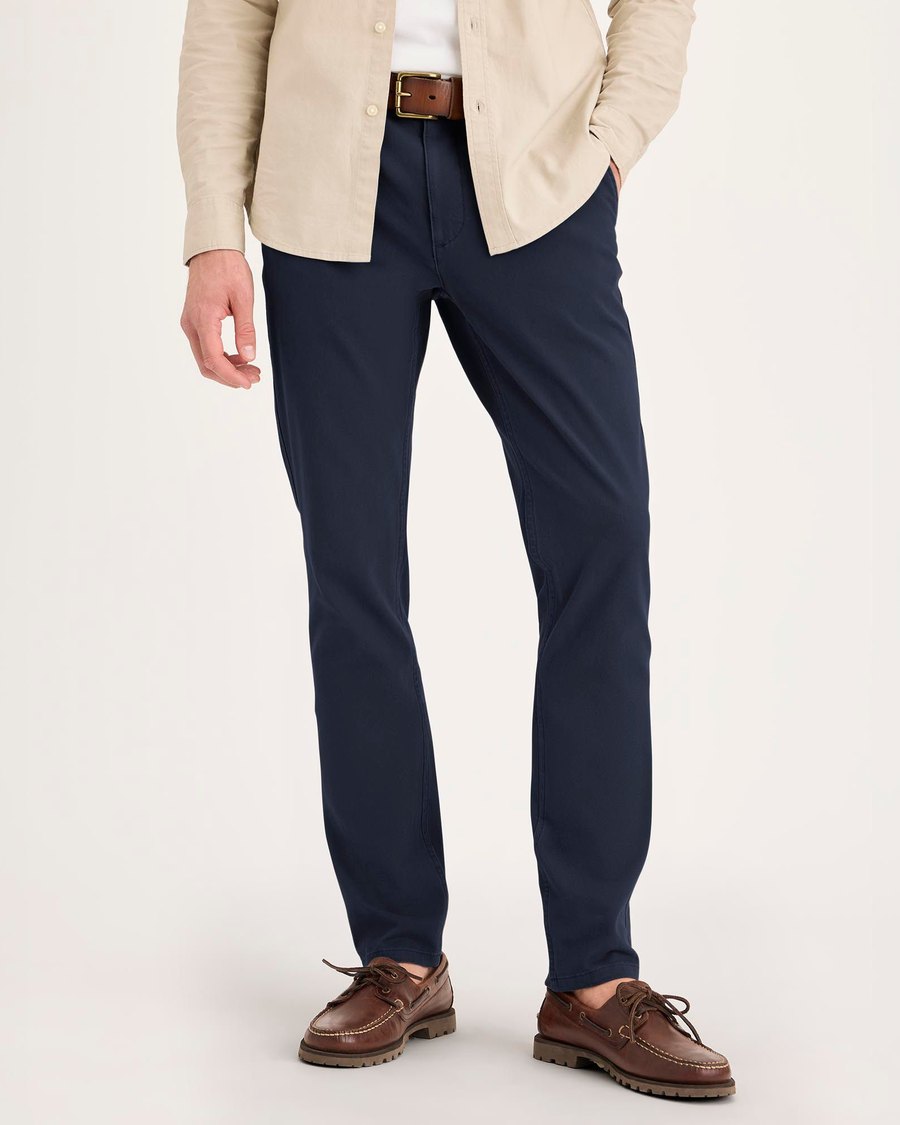 Front view of model wearing Navy Blazer Essential Chino Pants, Skinny Fit.