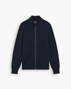 View of model wearing Navy Blazer Full-Zip Sweater, Regular Fit.
