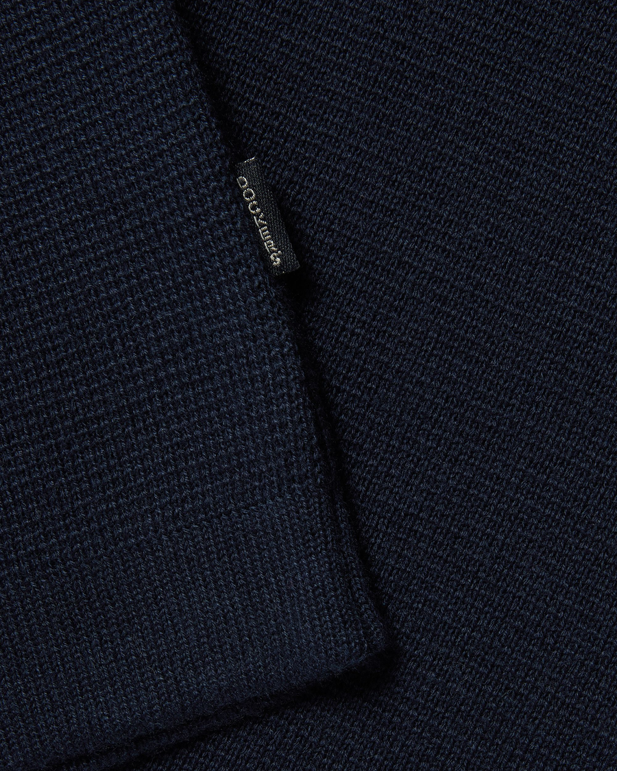 View of model wearing Navy Blazer Full-Zip Sweater, Regular Fit.